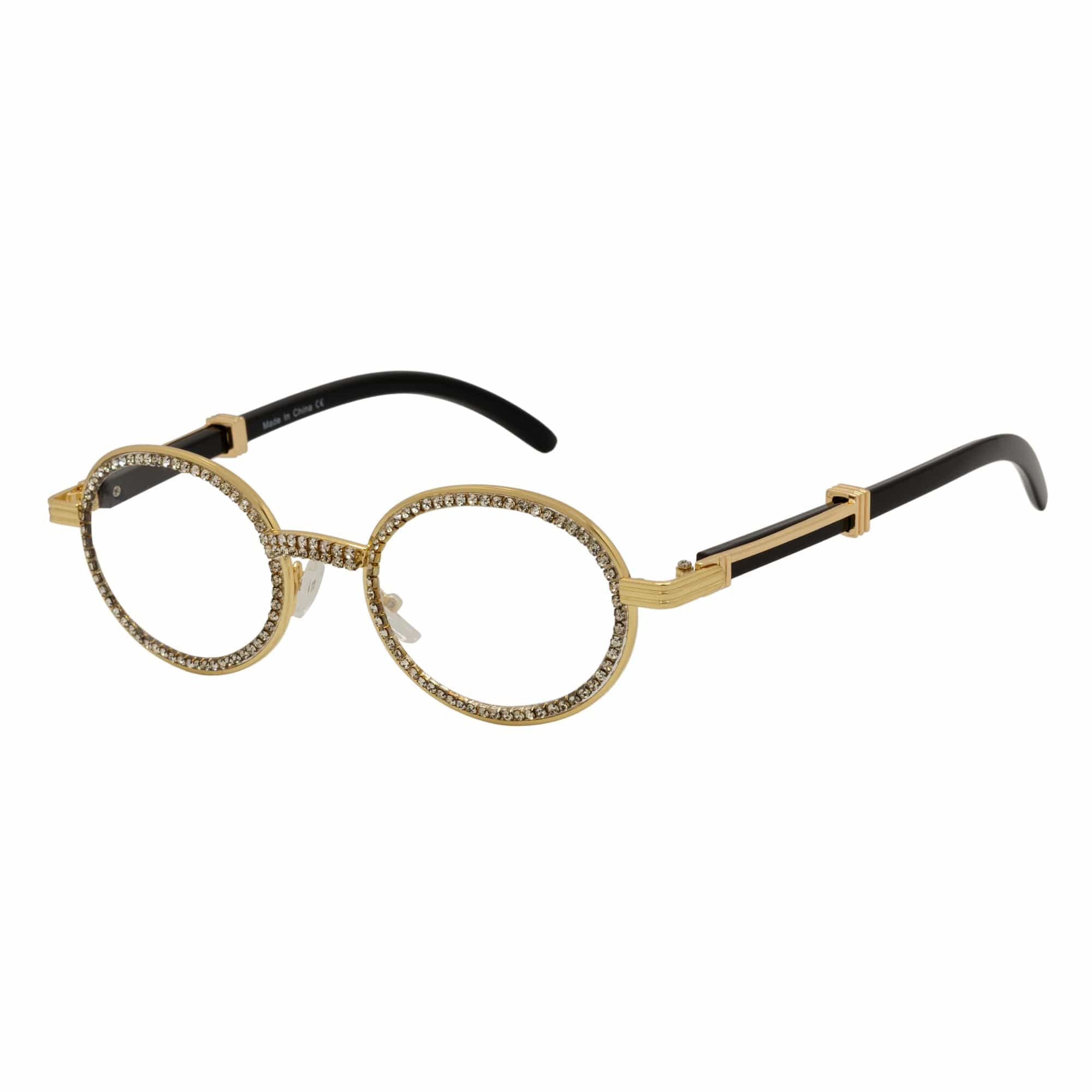 BLING ONE - Rhinestone Retro 90s Metal Round Oval Glasses Gold Clear Lens