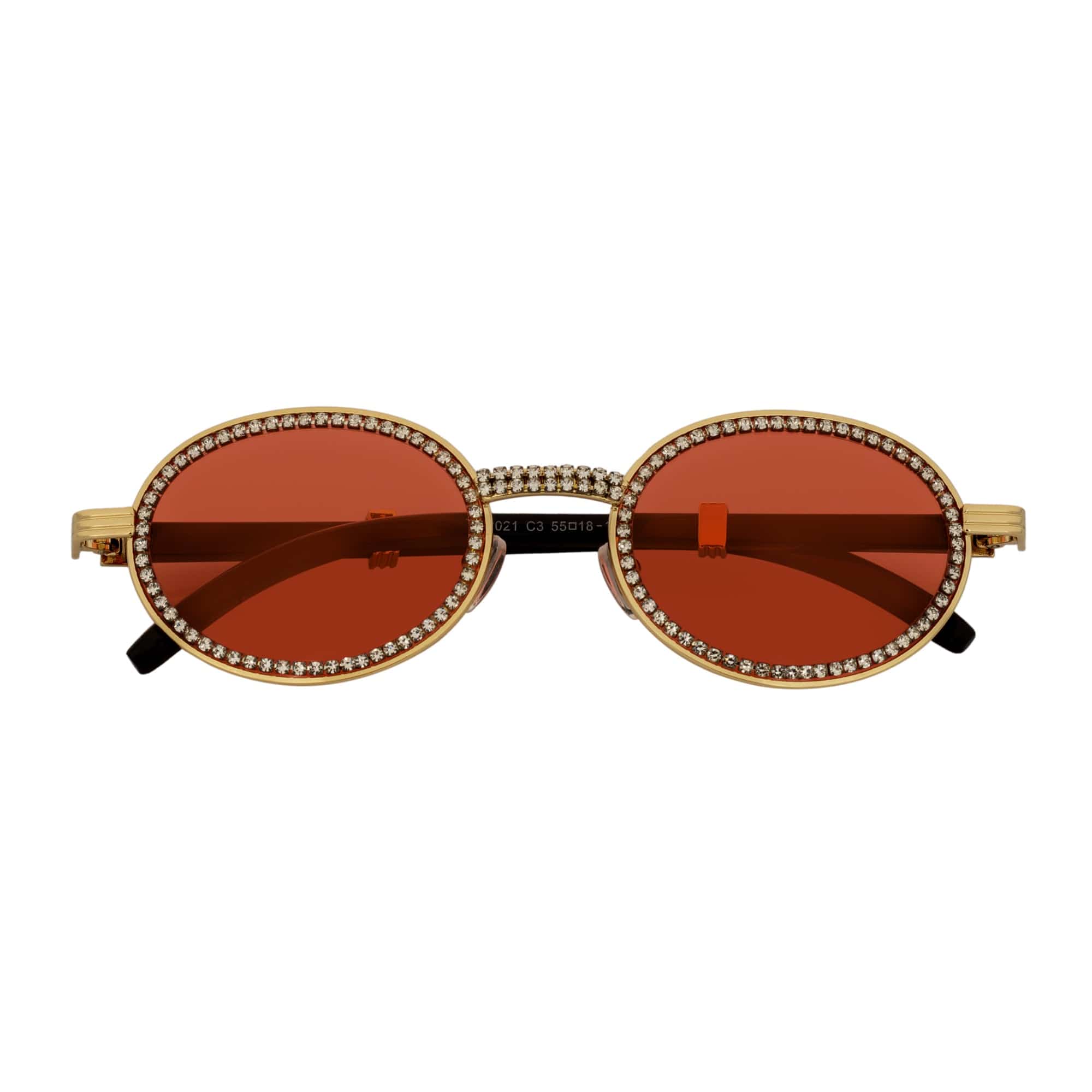 BLING ONE - Rhinestone Retro 90s Round Metal Oval Sunglasses Gold Red Tint