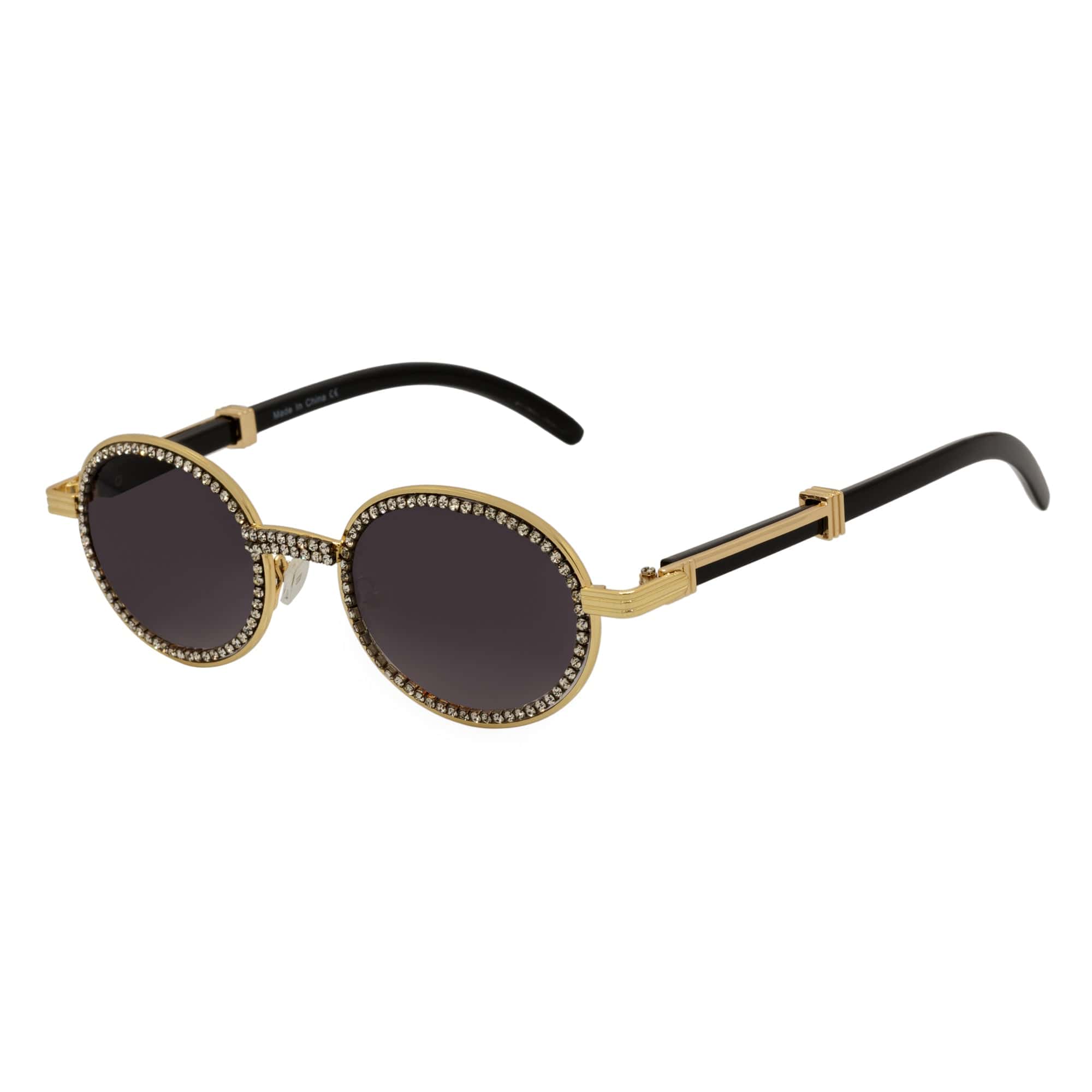 BLING ONE - Rhinestone Retro 90s Fashion Round Metal Oval Sunglasses Gold Smoke